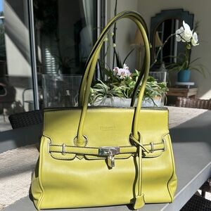 Lime Green Leather Satchel Handbag with Top Handles